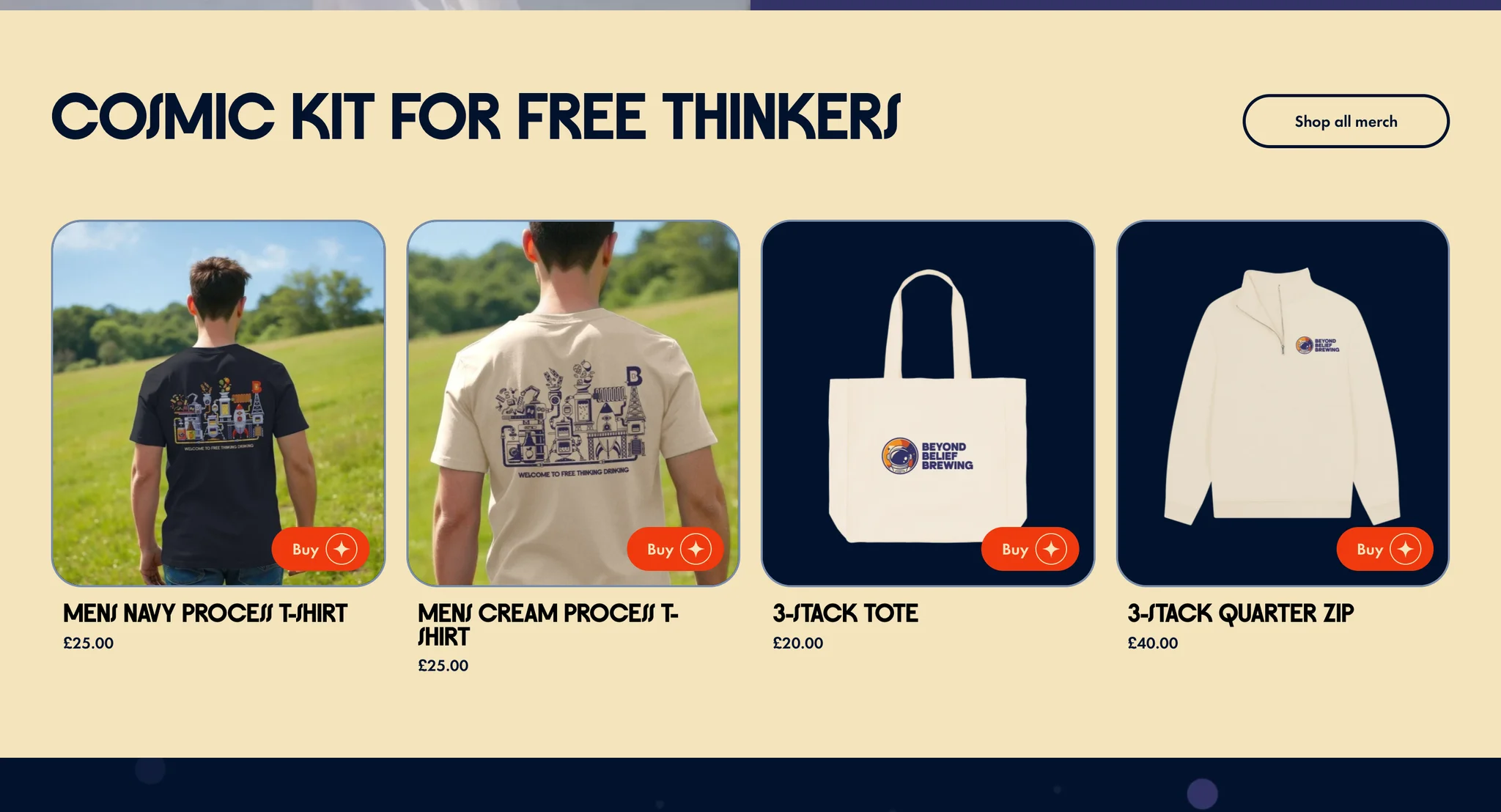 "Cosmic kit for free thinkers" row with two printed T-shirts, a tote and a quarter zip