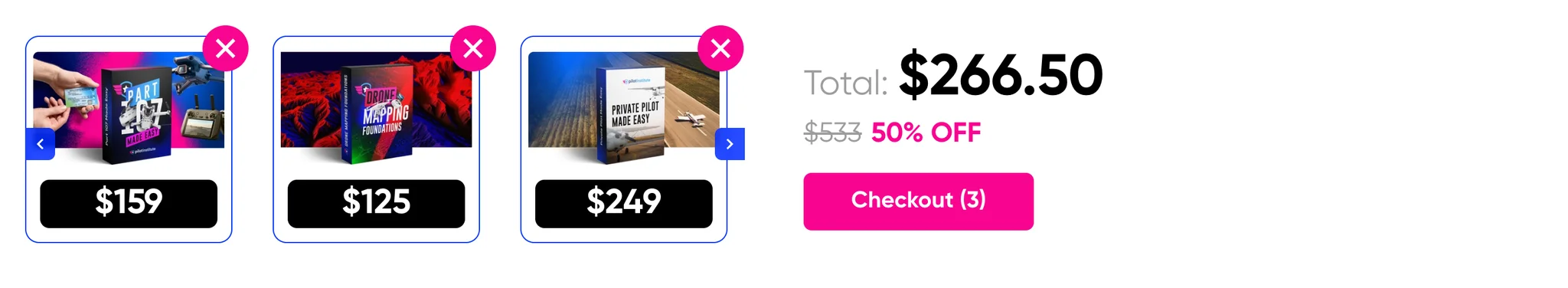 Sticky cart bar with three class thumbnails and prices, each with a remove button, the total, the original price struck through, 50% OFF and a Checkout (3) button