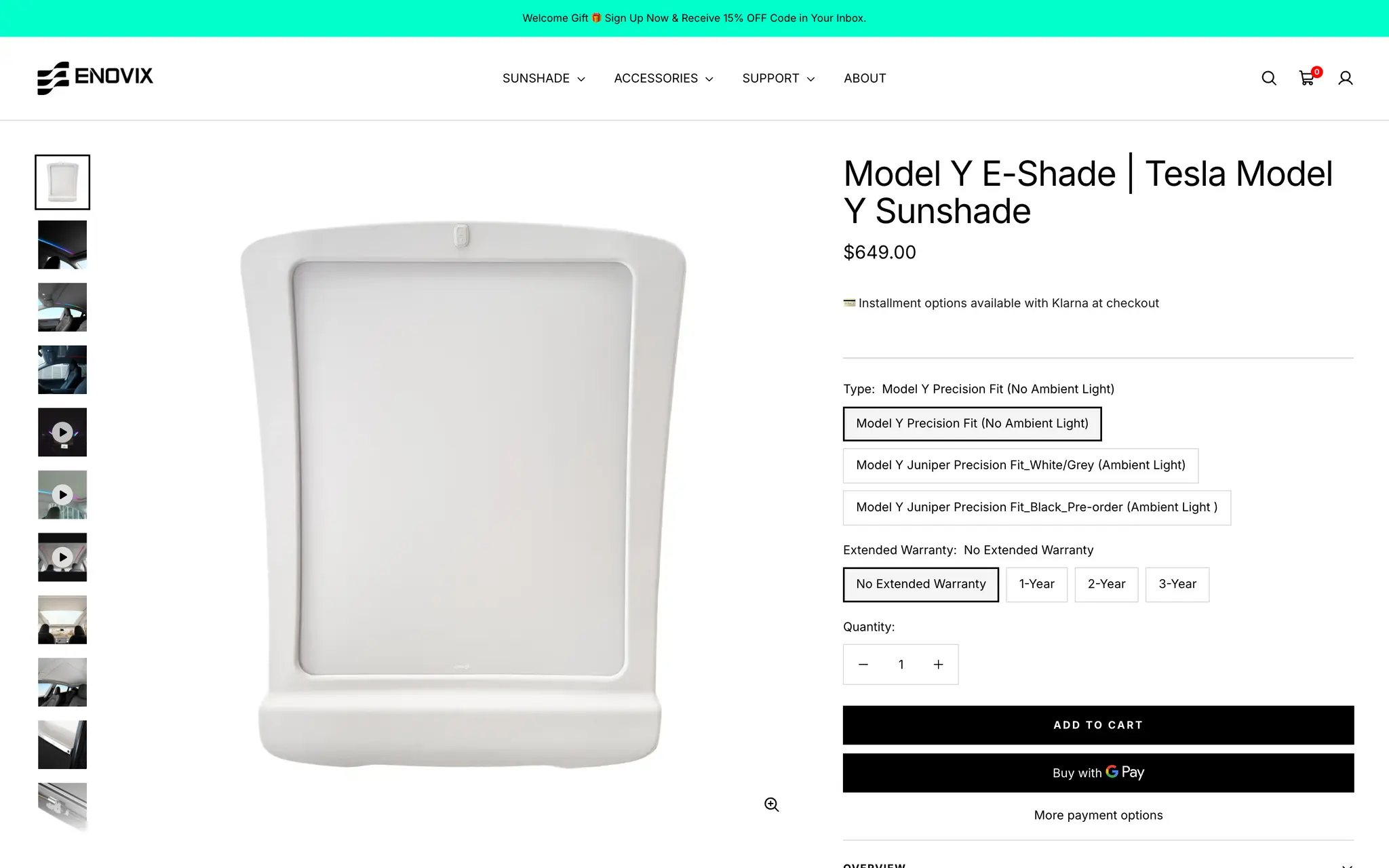 Enovix Model Y E-Shade product page at $649 with a vertical image rail, precision-fit and ambient-light variant options, extended warranty tiers, a quantity stepper and add-to-cart.