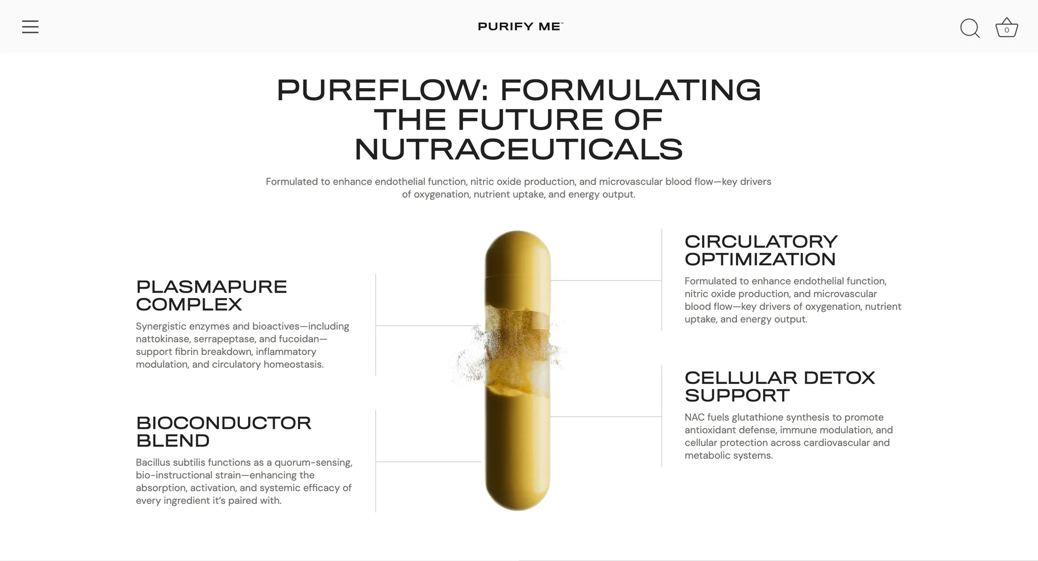Pure Flow formula section with a golden capsule in the centre and labels for the PlasmaPure Complex, the Bioconductor Blend, circulatory optimization and cellular detox support