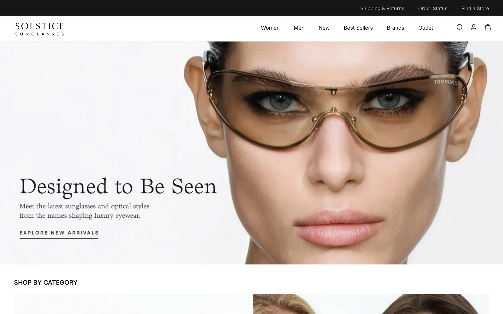 Solstice Sunglasses homepage hero with a full-bleed Tom Ford campaign image and the headline Designed to Be Seen.