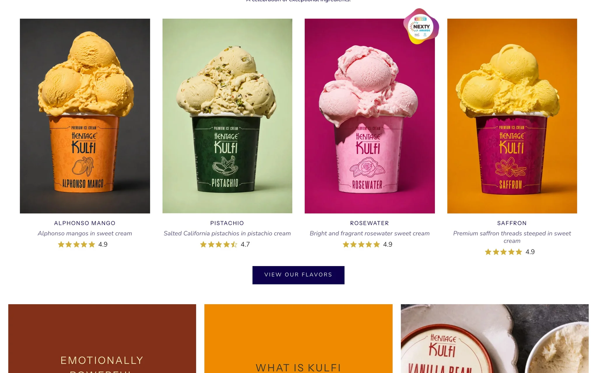 Heritage Kulfi Our Flavors section showing Alphonso Mango, Pistachio, Rosewater and Saffron pints with star ratings.