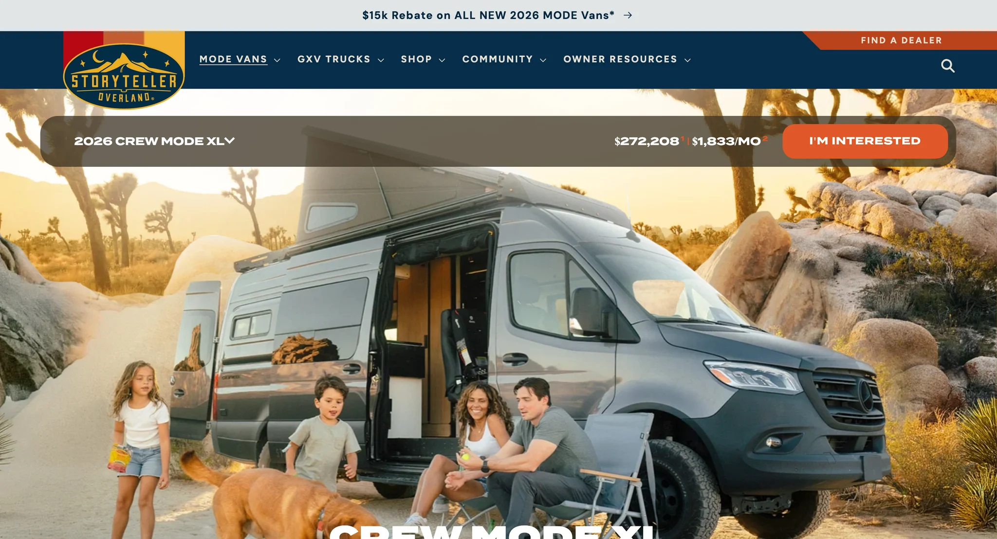Storyteller Overland Crew MODE XL page hero: a family with a dog beside the grey camper van in a desert, with the model name, price and an I'm interested button