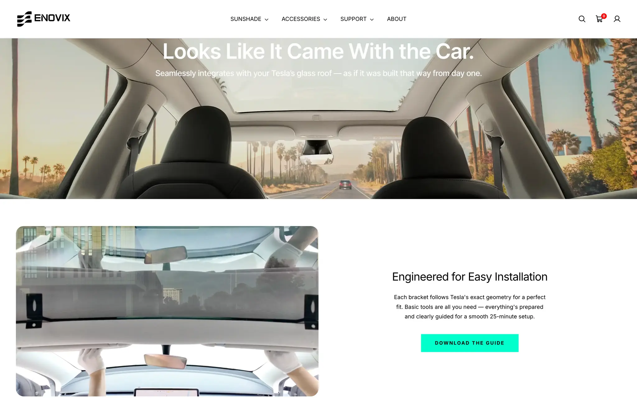 Enovix product page section headed “Looks Like It Came With the Car”, above an installation photograph and an “Engineered for Easy Installation” note with a download-the-guide button.