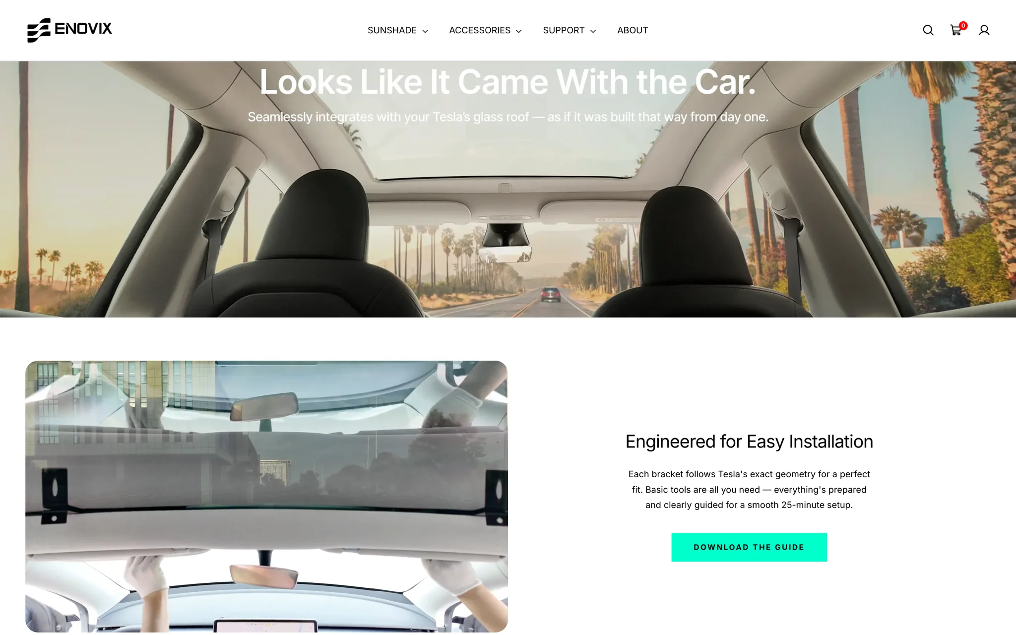 Enovix product page section headed “Looks Like It Came With the Car”, above an installation photograph and an “Engineered for Easy Installation” note with a download-the-guide button.
