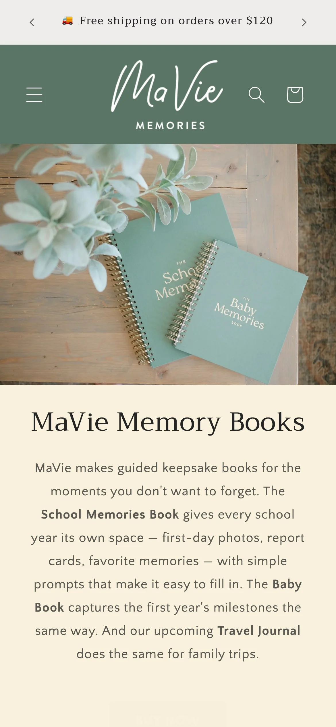 Mavie Memories mobile homepage with free-shipping announcement bar, logo header and Memory Books intro.