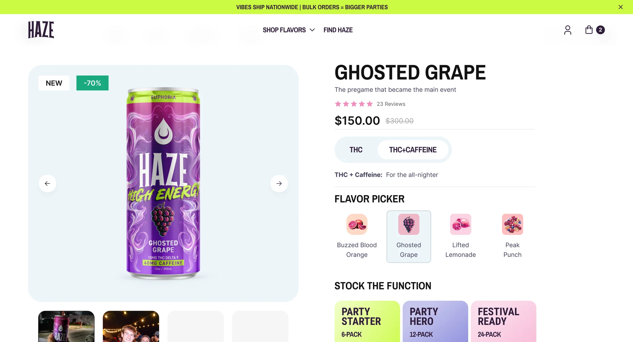Ghosted Grape product page with a THC or THC + caffeine selector, a flavour picker with four can icons and bundle tier cards