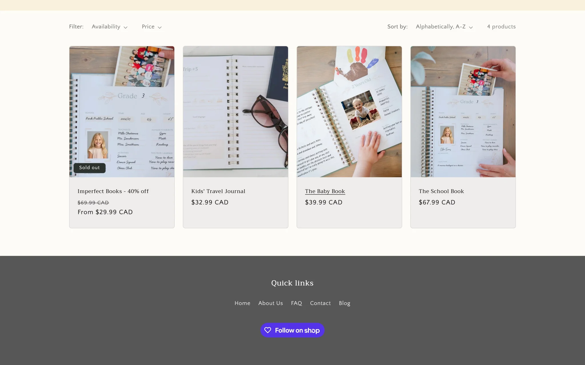 Mavie Memories collection grid showing the School Book, Baby Book, Kids' Travel Journal and Imperfect Books with CAD prices.