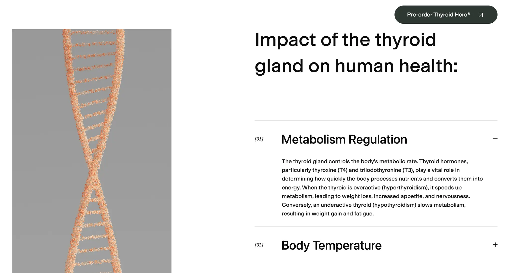 Duyu Care Thyroid Hero storefront section covering ingredients and the science behind the formula