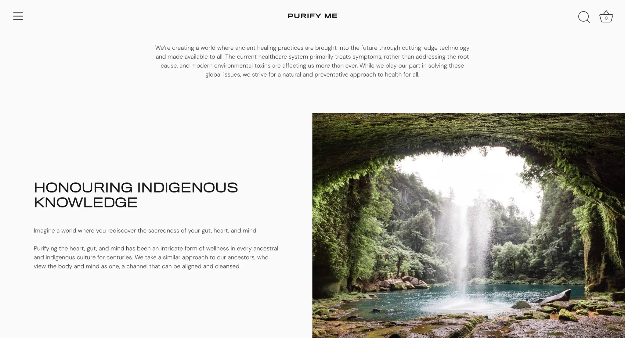 About page section "Honouring Indigenous knowledge" beside a photo of a waterfall inside a mossy cave, under the brand's intro about natural and preventative health