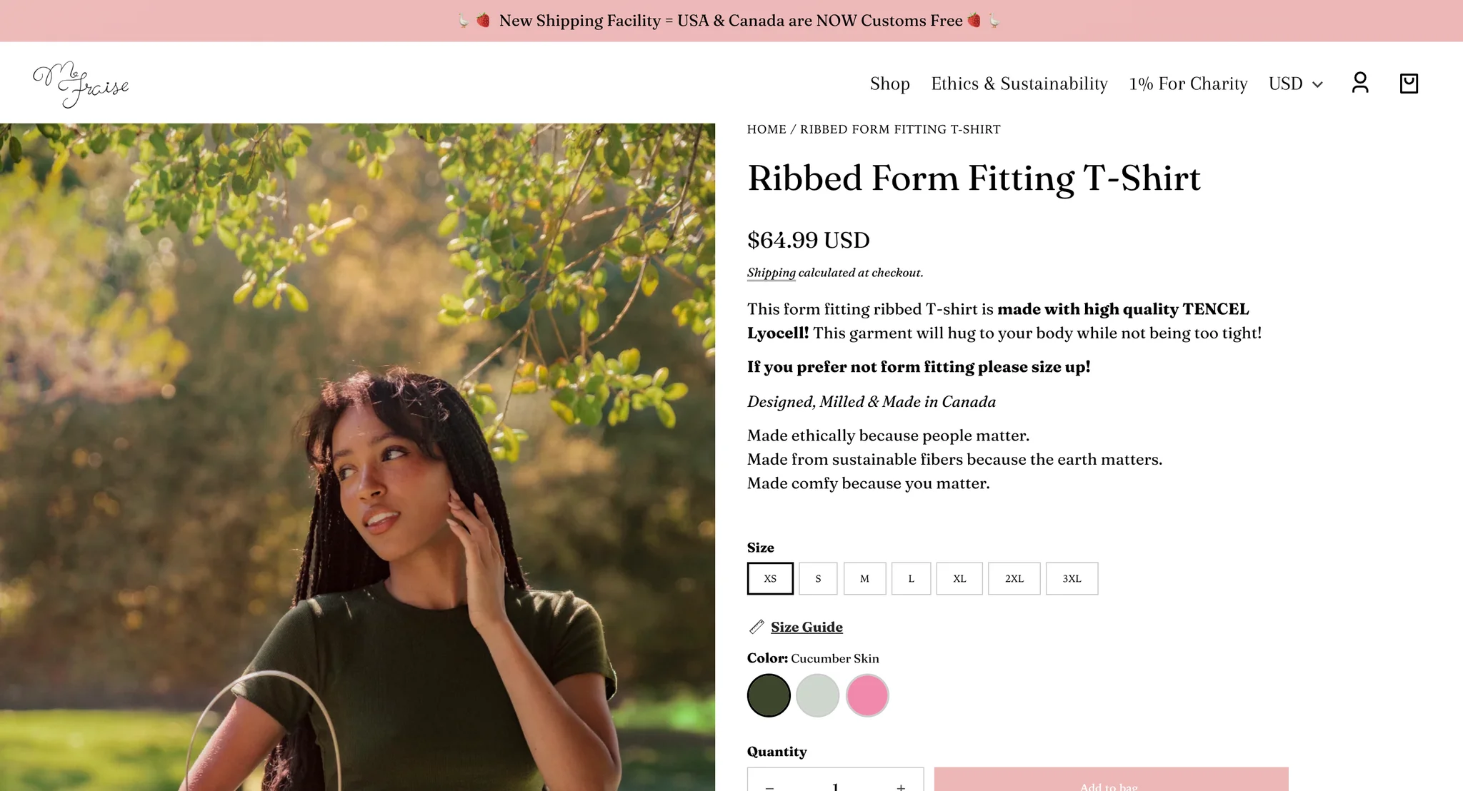 Ribbed Form Fitting T-Shirt product page with a model in the dark green tee under a tree, beside the $64.99 price, a note that the tee is made with TENCEL Lyocell and to size up for a looser fit, sizes XS to 3XL and three colour swatches