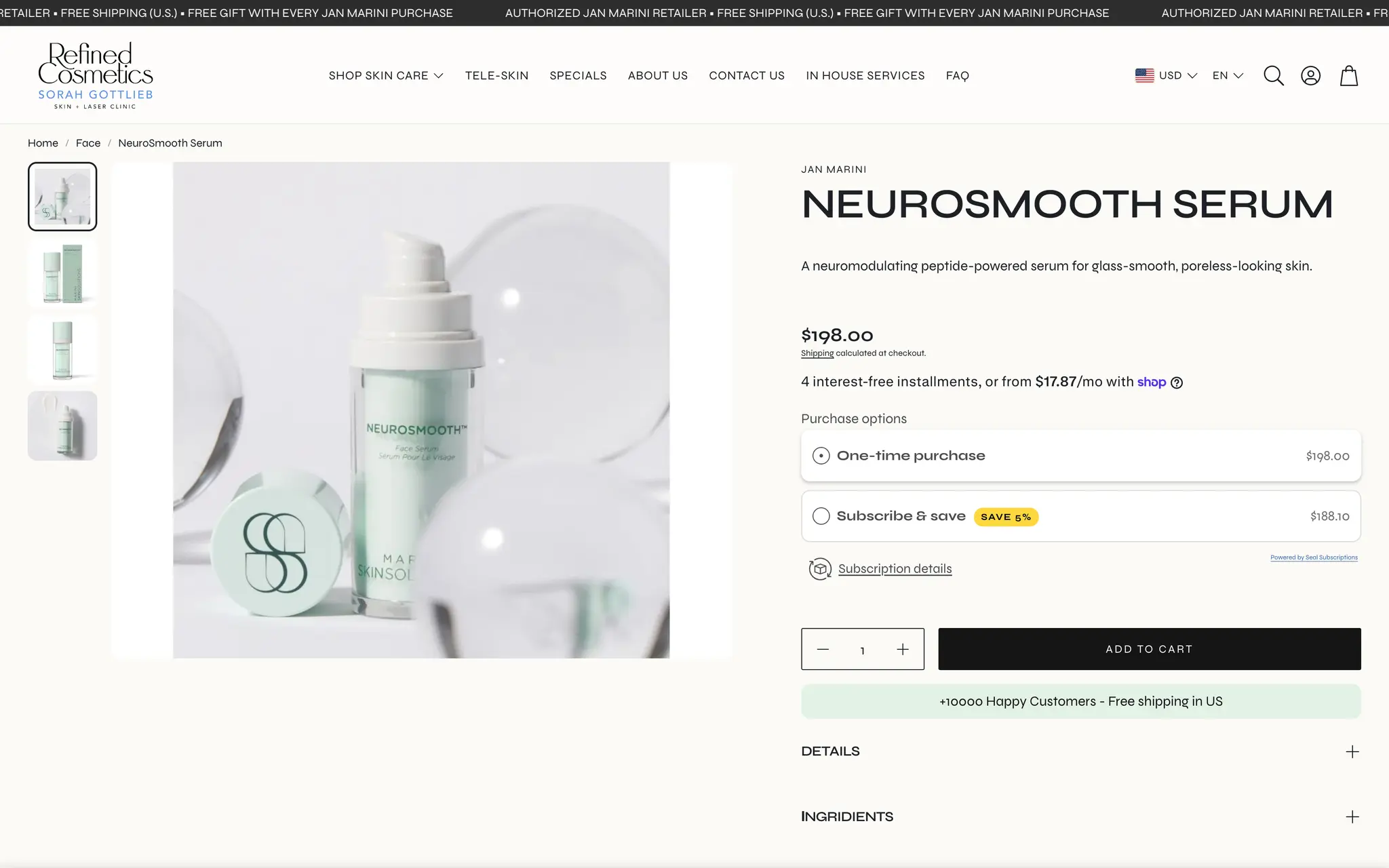 Refined Cosmetics product page for the Jan Marini NeuroSmooth Serum at $198, with one-time purchase and Subscribe & save options, instalment pricing, quantity stepper and add-to-cart.