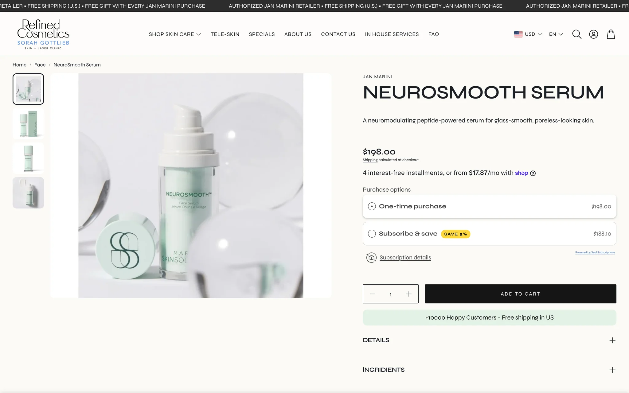 Refined Cosmetics product page for the Jan Marini NeuroSmooth Serum at $198, with one-time purchase and Subscribe & save options, instalment pricing, quantity stepper and add-to-cart.