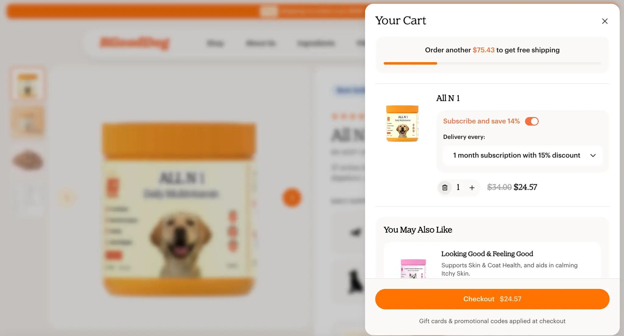 R Good Dog cart drawer with a subscribe and save toggle, a free shipping progress bar, and a You May Also Like upsell