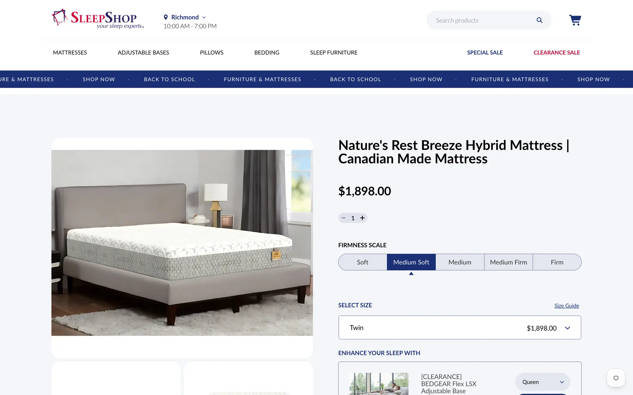 Sleep Shop product page for the Nature’s Rest Breeze Hybrid Mattress, showing the mattress in a bedroom beside price, a firmness scale set to Medium Soft, and a size selector.