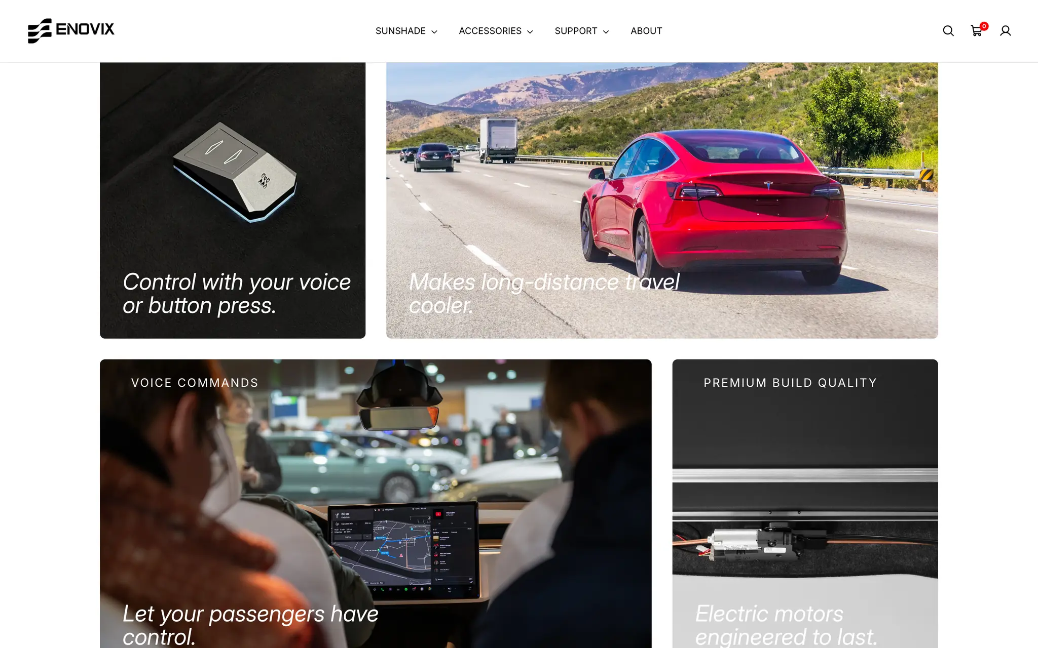 Bento-style feature grid on the Enovix homepage covering voice and button control, long-distance cooling, passenger controls and the electric motor build quality.
