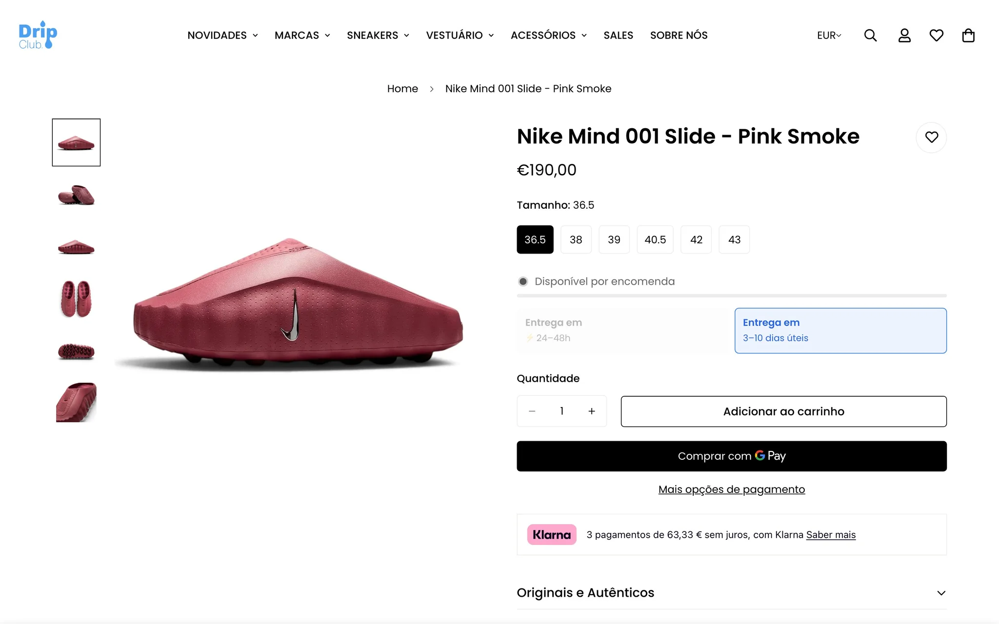 DripClub product page for the Nike Mind 001 Slide with size selector, pre-order availability, two delivery options and Klarna instalments.