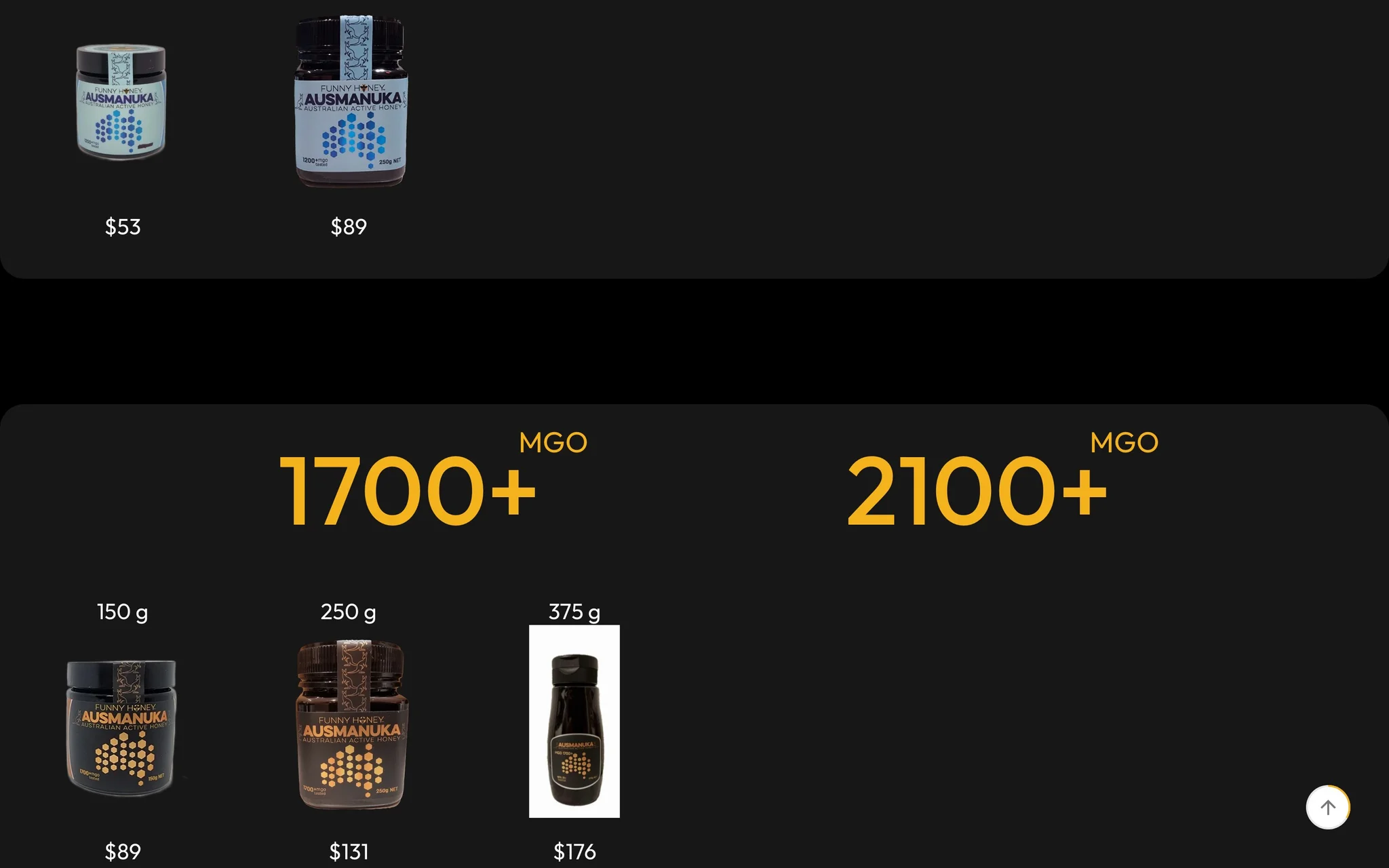 Ausmanuka grade carousel showing 1700+ and 2100+ MGO Manuka honey in 150 g, 250 g and 375 g sizes.
