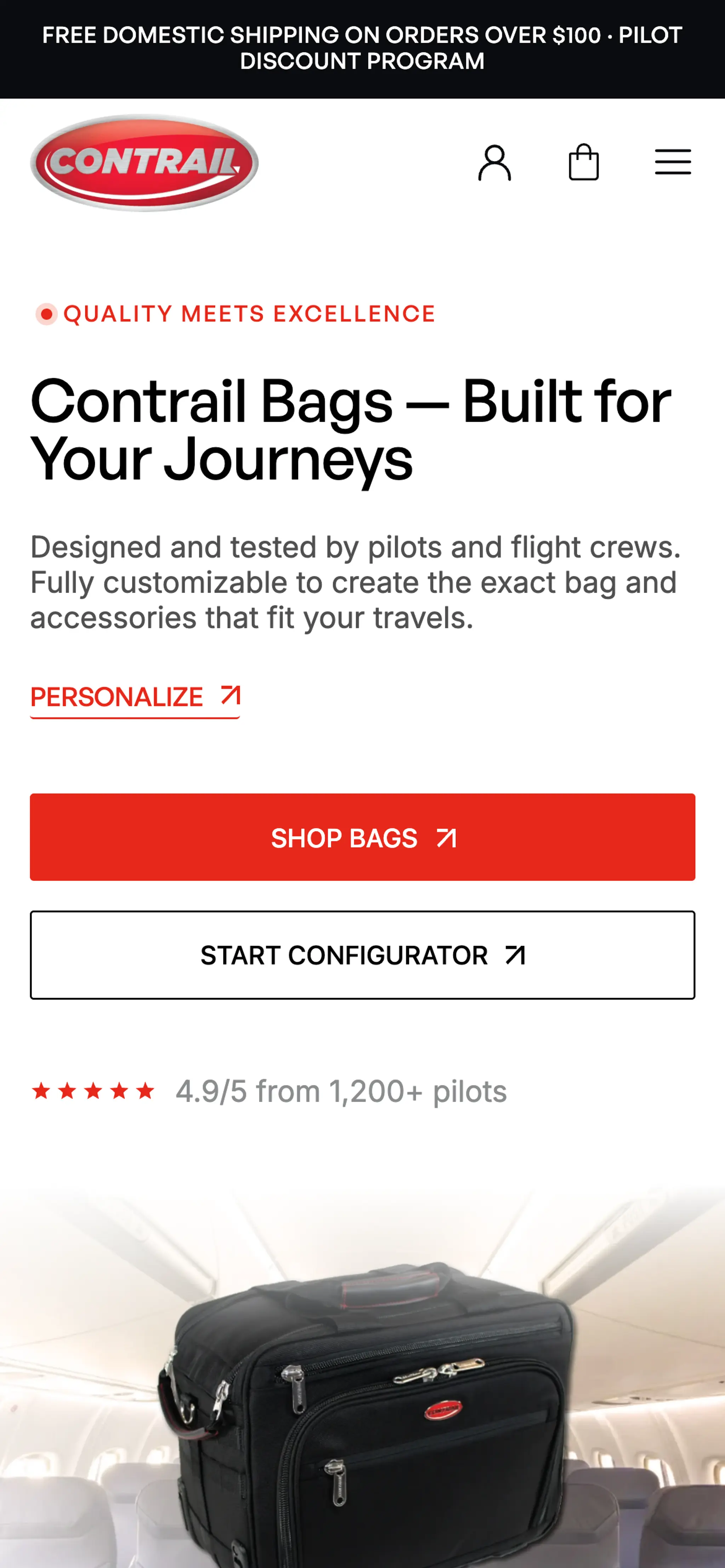 Contrail Bags homepage hero on mobile with Shop Bags and Start Configurator buttons.
