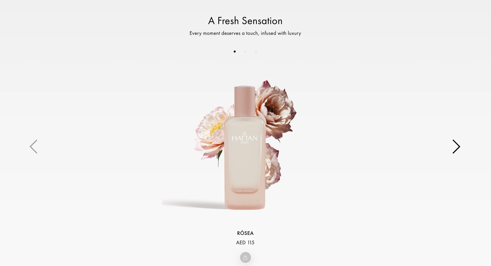 "A Fresh Sensation" product slider showing the blush pink Rósea bottle with peonies, its AED 115 price and a bag button, with slide dots and arrows