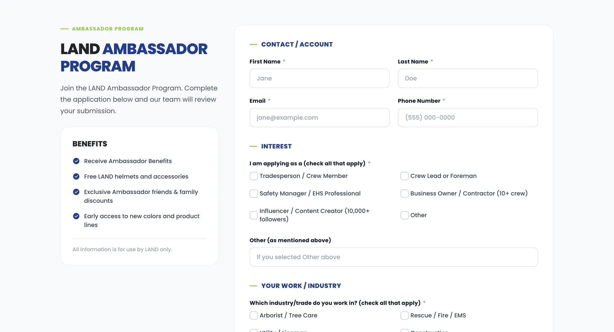 LAND Helmets Ambassador Program application form with contact, interest, and industry fields beside a benefits panel