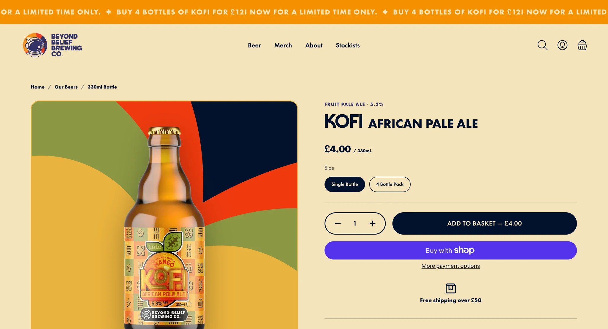 Kofi African pale ale product page with single bottle and 4 bottle pack options