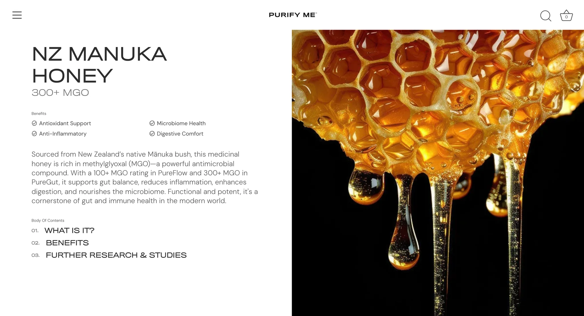 NZ Manuka Honey ingredient page with benefits, a short description and a close photo of honey dripping from a comb