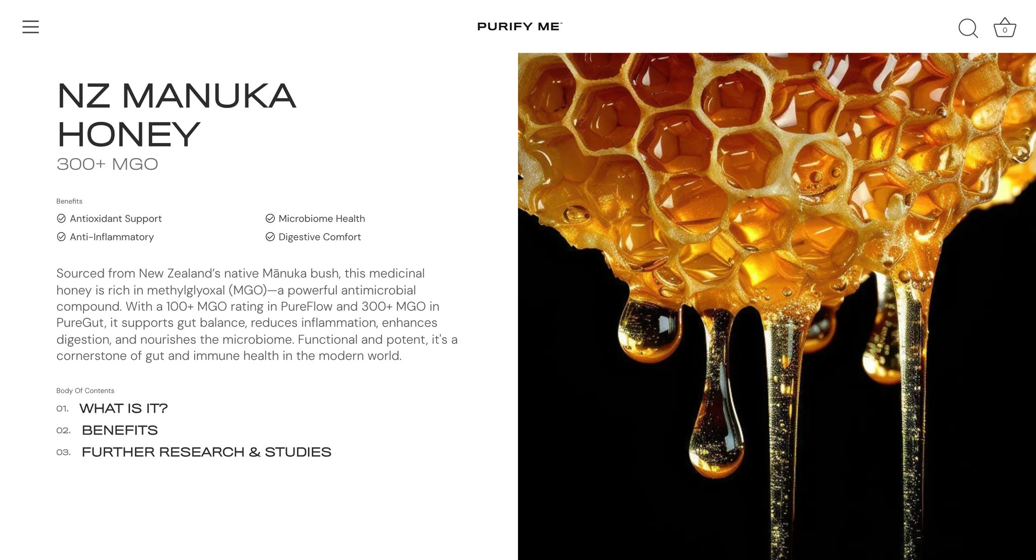NZ Manuka Honey ingredient page with benefits, a short description and a close photo of honey dripping from a comb