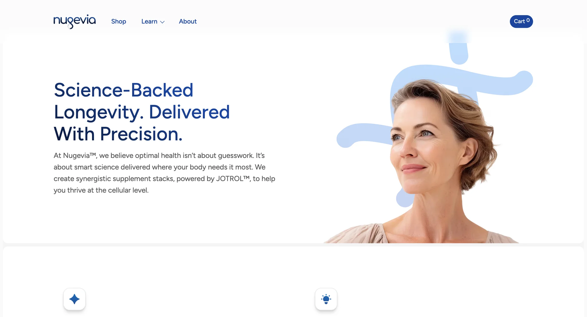 About page hero with the heading "Science-Backed Longevity. Delivered With Precision.", a short brand intro and a portrait of a woman with short hair framed by a pale blue ribbon shape