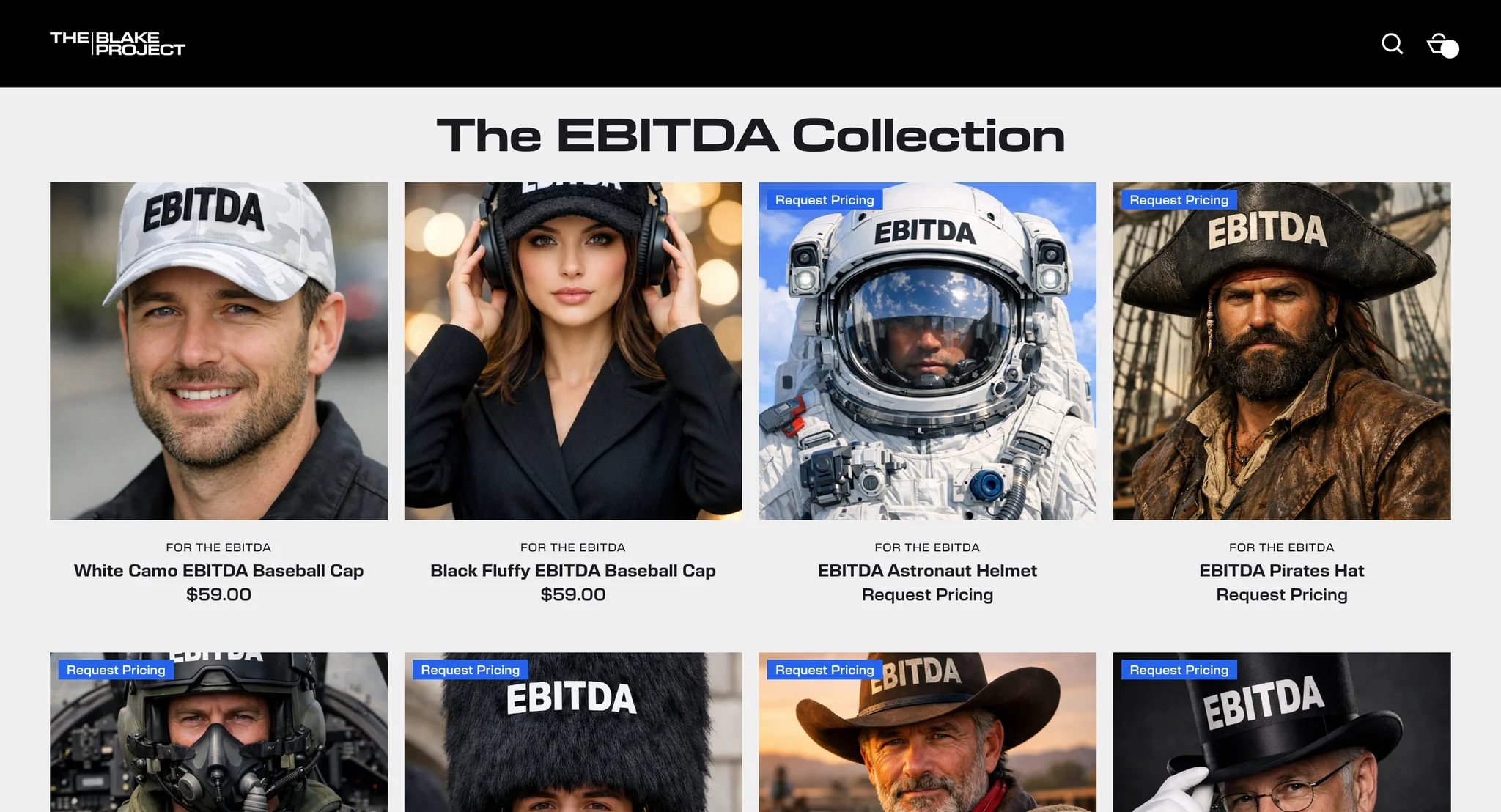 "The EBITDA Collection" grid with the White Camo and Black Fluffy EBITDA caps at $59 next to an astronaut helmet, pirate hat and other pieces marked Request Pricing
