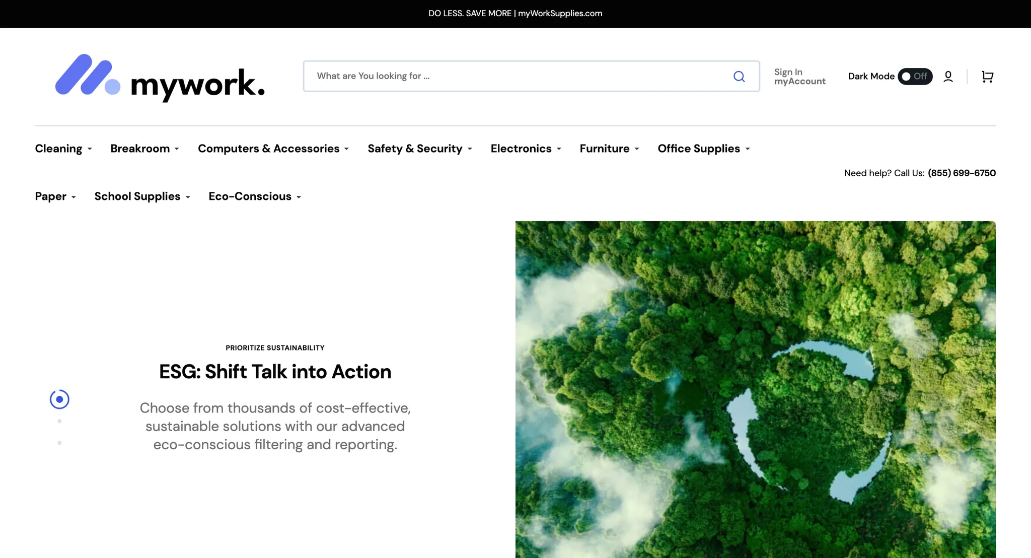 myWork Supplies homepage with the mywork logo, a product search bar, a ten department menu from Cleaning to Eco-Conscious and a hero slide titled "ESG: Shift Talk into Action"