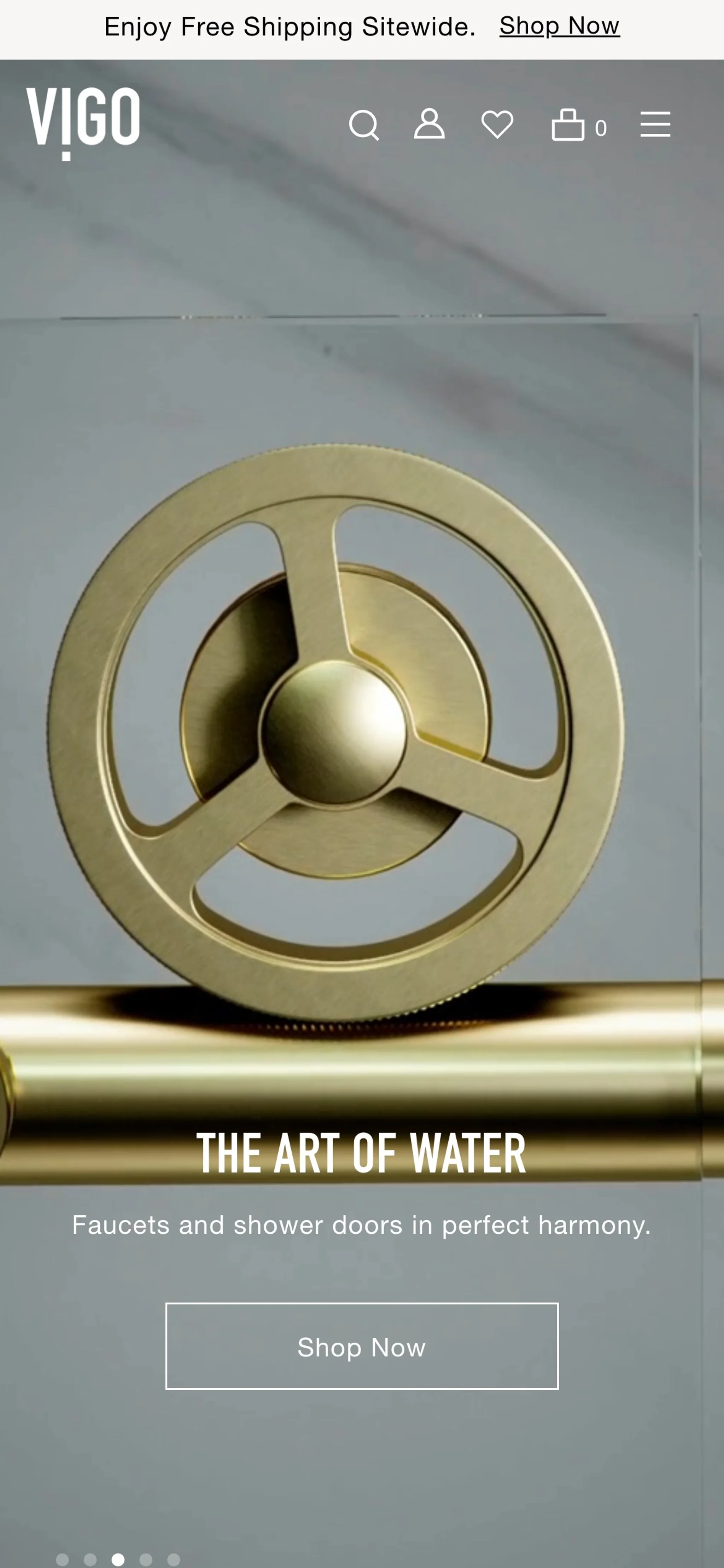 VIGO mobile homepage hero with a brushed-gold wheel handle, the headline The Art of Water and a Shop Now button.