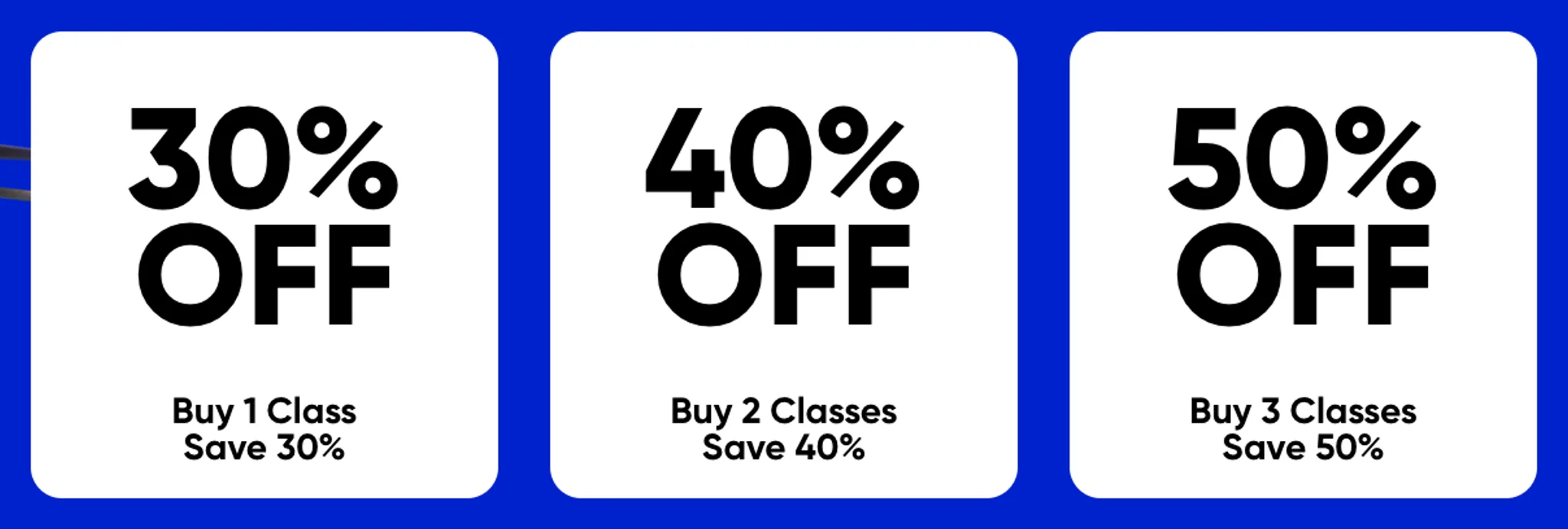 Close-up of the three tier cards reading 30% OFF, 40% OFF and 50% OFF