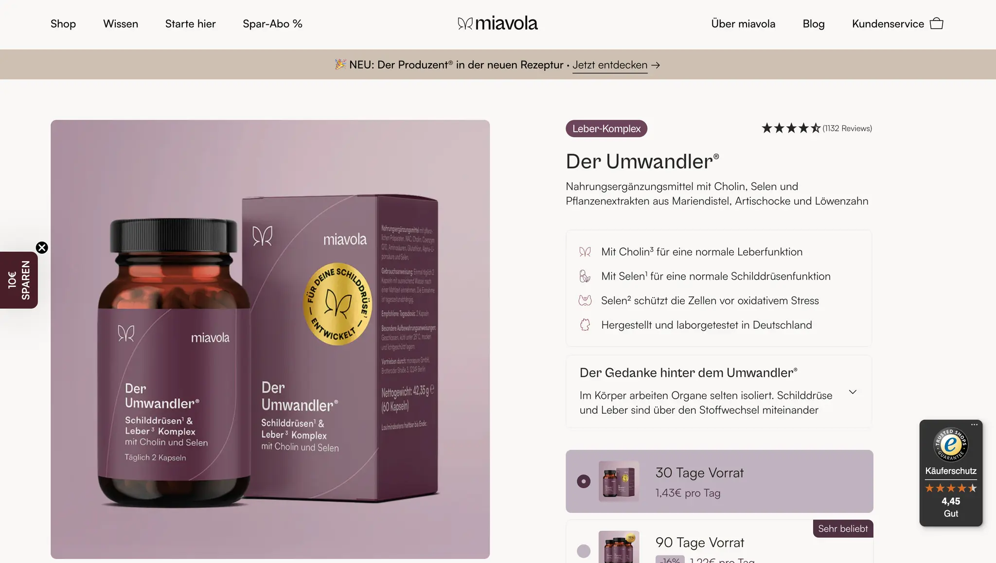 Der Umwandler product page on miavola, with bottle and carton, benefit list, a 4.5-star rating from 1,132 reviews, and 30- or 90-day supply options.
