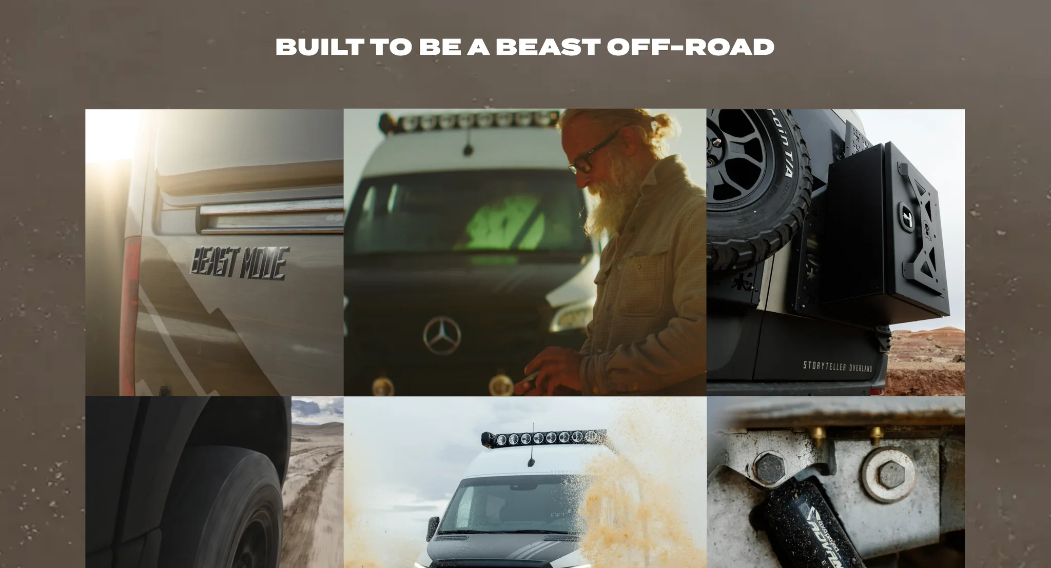 Built to Be a Beast Off-Road photo grid: the Beast MODE badge, a driver with a laptop, the rear spare wheel box and off-road detail shots