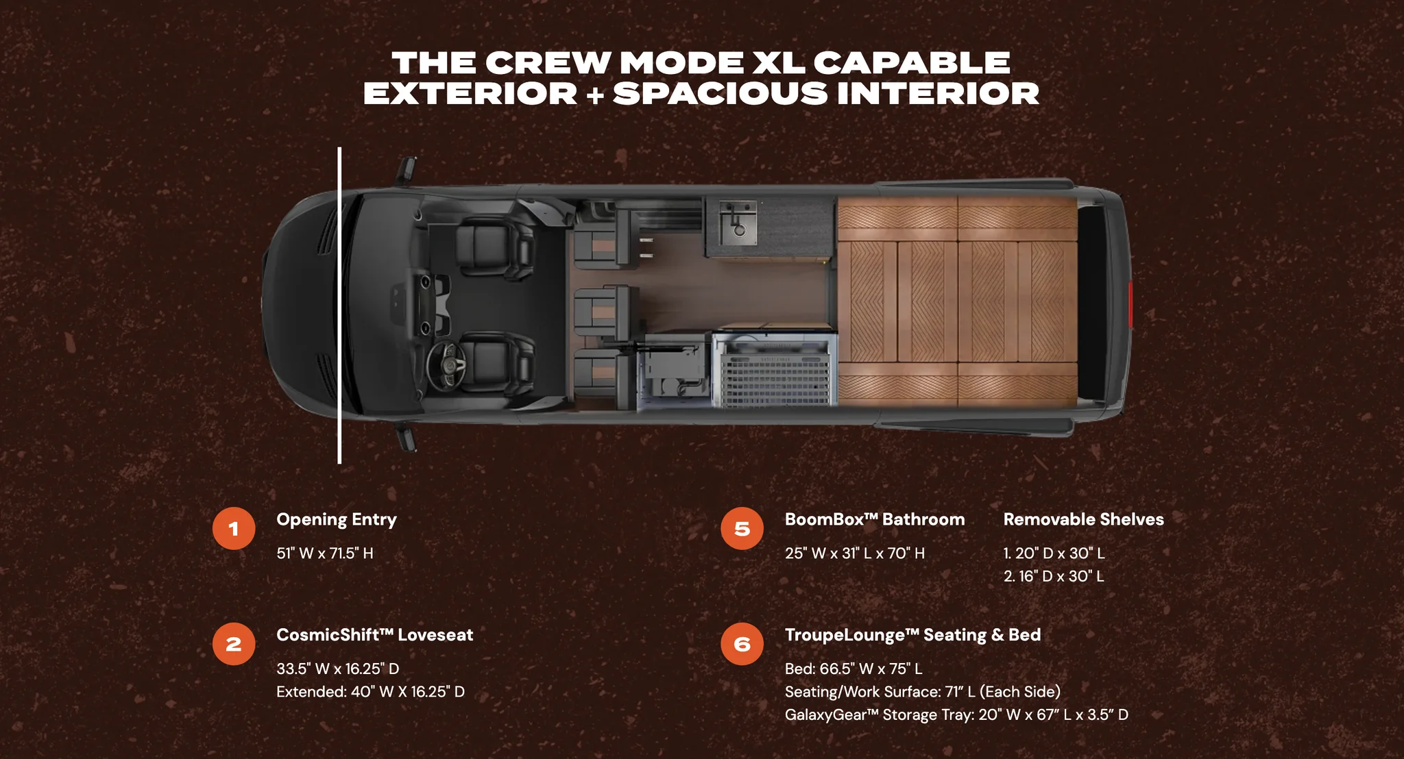 Top-down floorplan of the Crew MODE XL with numbered fittings and their measurements