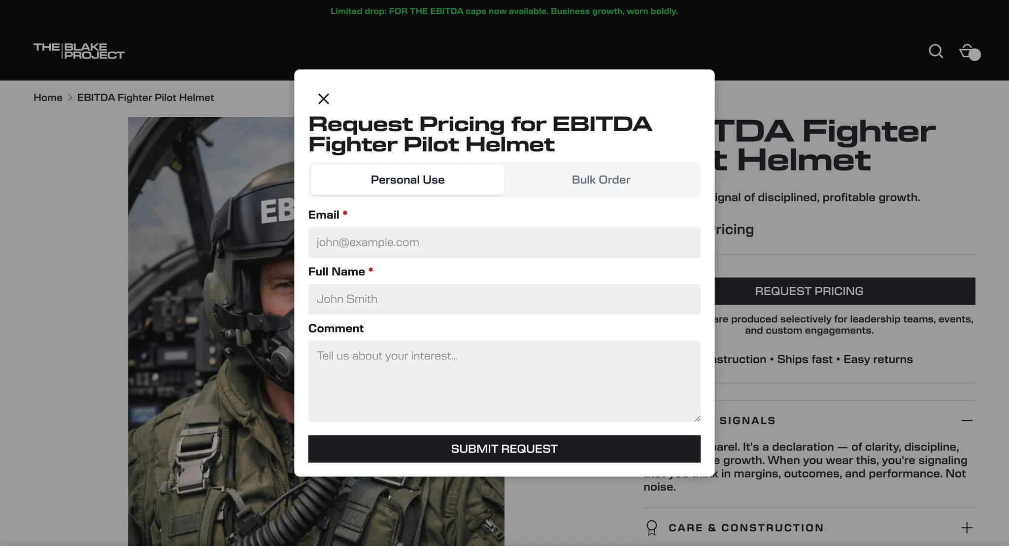 Request Pricing form over the Fighter Pilot Helmet page, with Personal Use and Bulk Order tabs, email, name and comment fields
