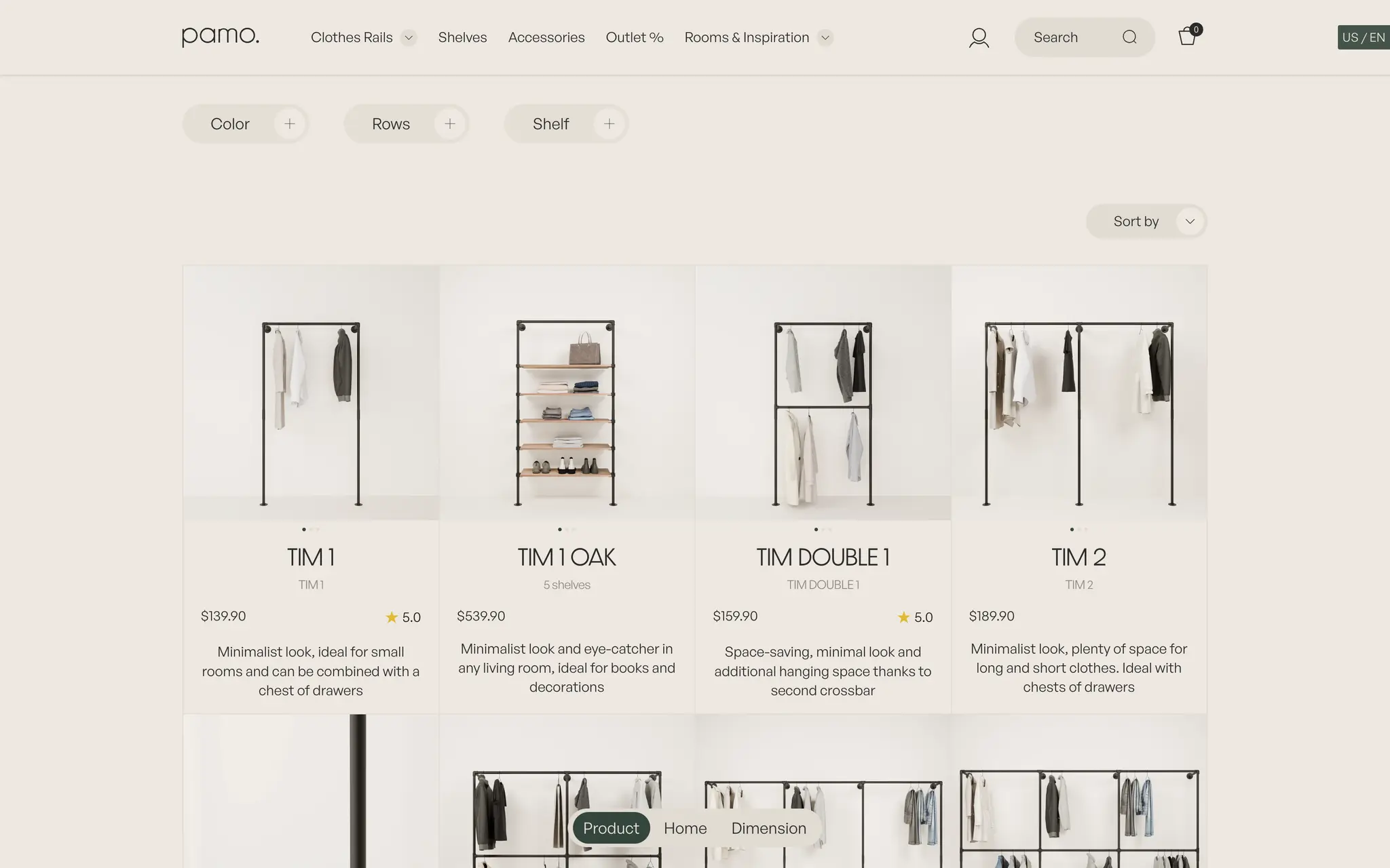 pamo. clothing rack listing filtered by colour, rows and shelf, showing product cards with price, star rating and a short description for each rail.
