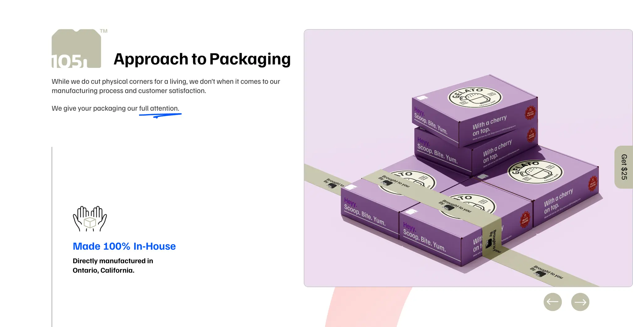 105 Packaging section explaining the brand's approach to sustainable custom packaging