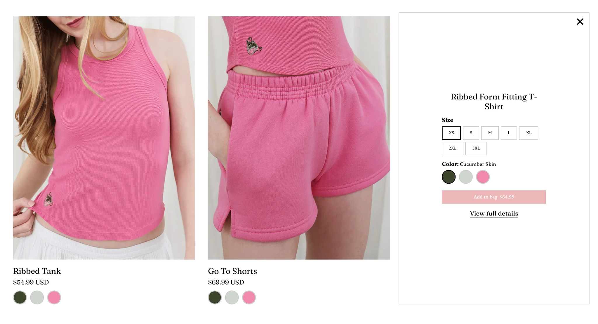 Quick shop panel open on the Ribbed Form Fitting T-Shirt card, with size buttons from XS to 3XL, dark green, sage and pink swatches with Cucumber Skin selected, a pink Add to bag button with the $64.99 price and a View full details link