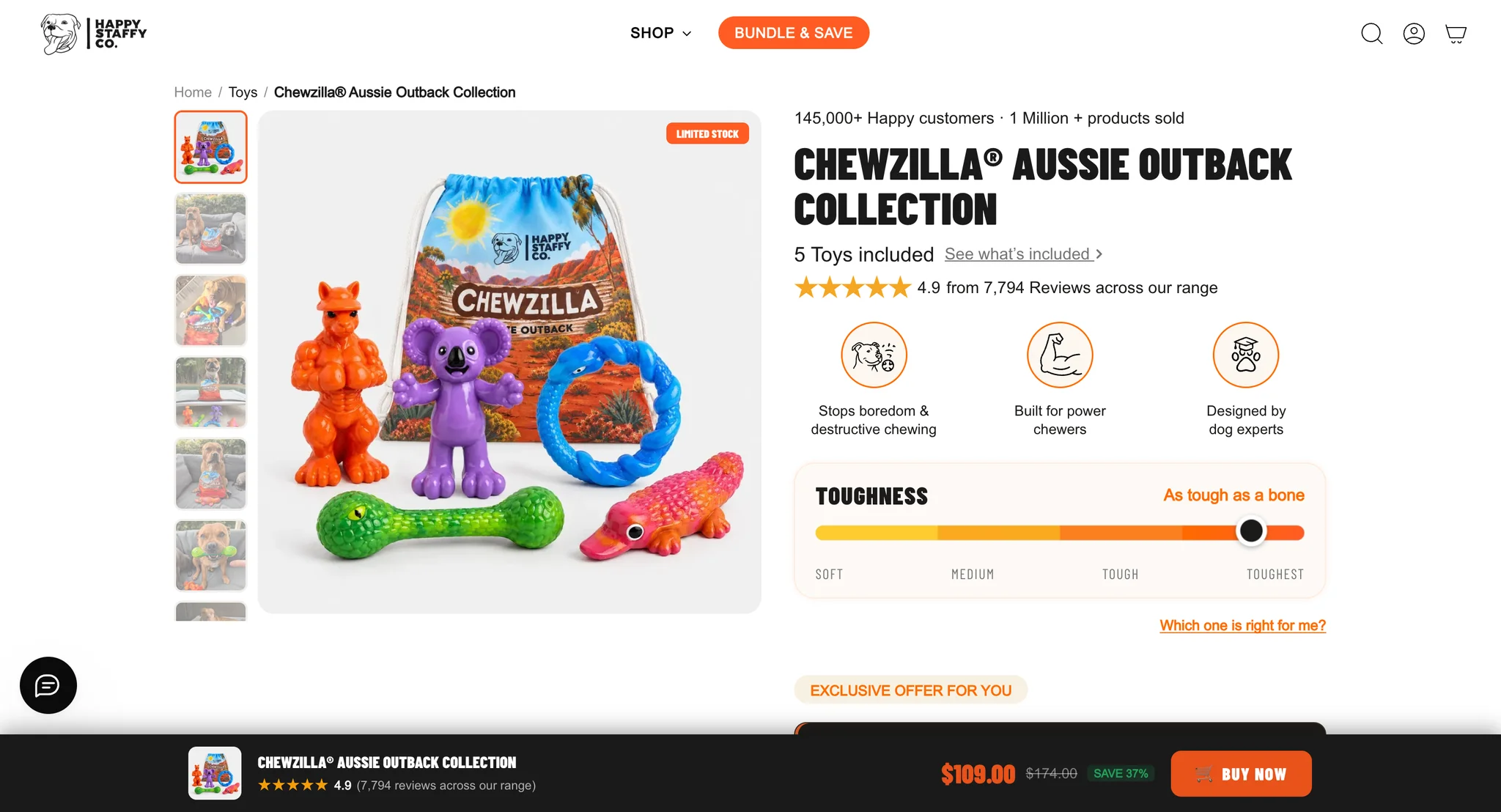 Chewzilla Aussie Outback Collection product page with toy photos, a 4.9 star rating from 7,794 reviews, benefit icons and a toughness bar set near Toughest