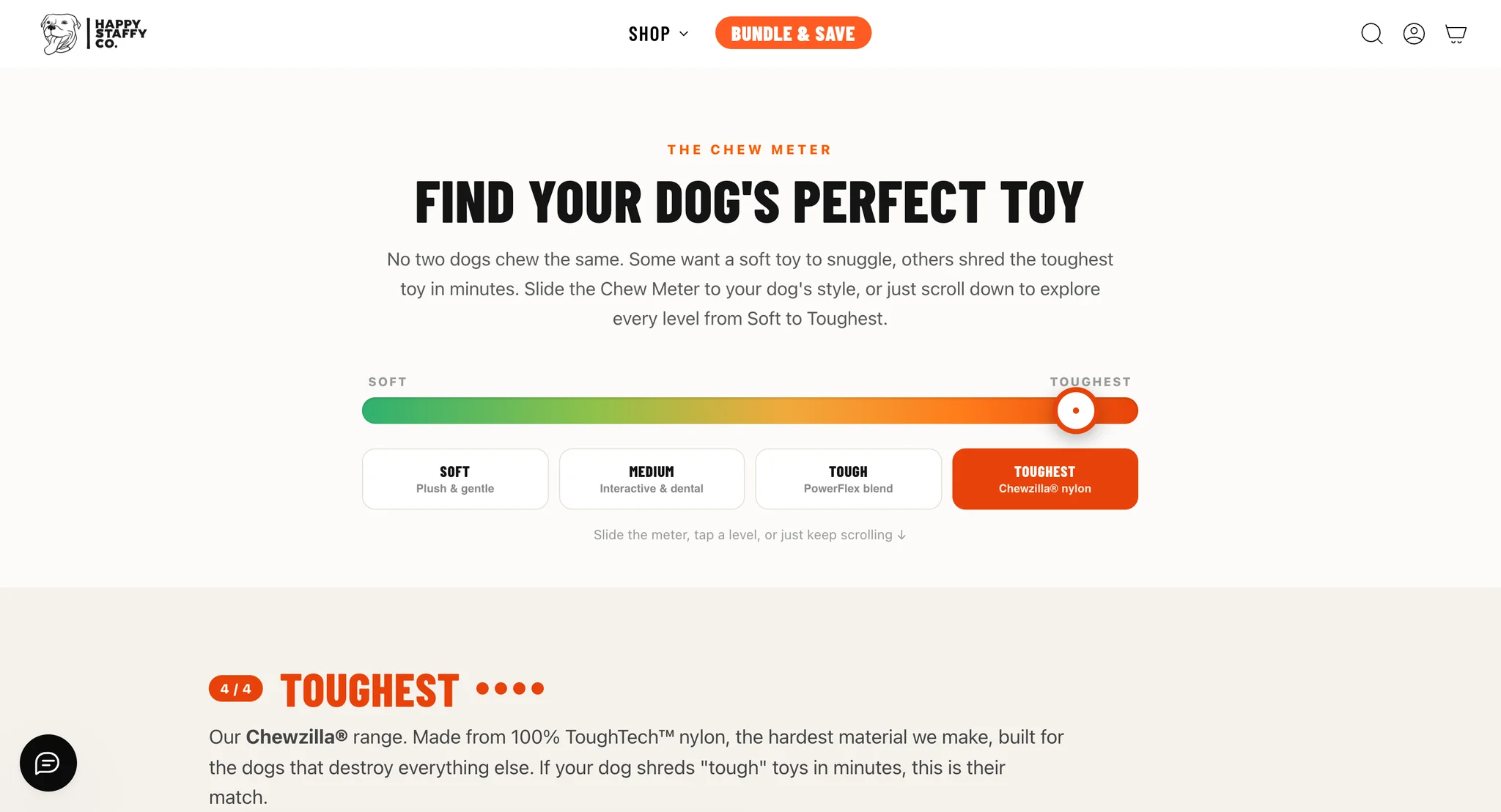 "Find your dog's perfect toy" page with a Chew Meter slider from Soft to Toughest and the Toughest tier selected