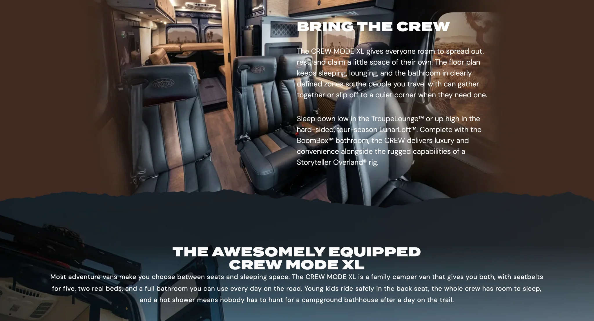 Crew MODE XL Bring the Crew section with the van's leather seating and a description of the floor plan for a family of five