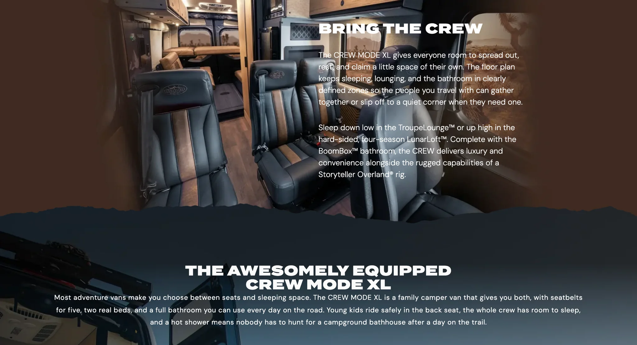 Crew MODE XL Bring the Crew section with the van's leather seating and a description of the floor plan for a family of five