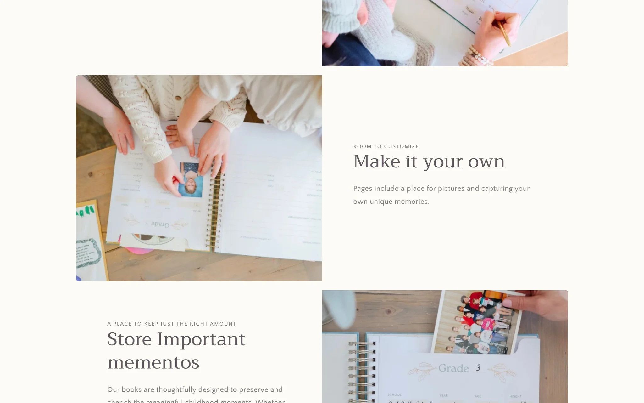 Mavie Memories homepage section 'Make it your own' with children placing a photo into a School Book.