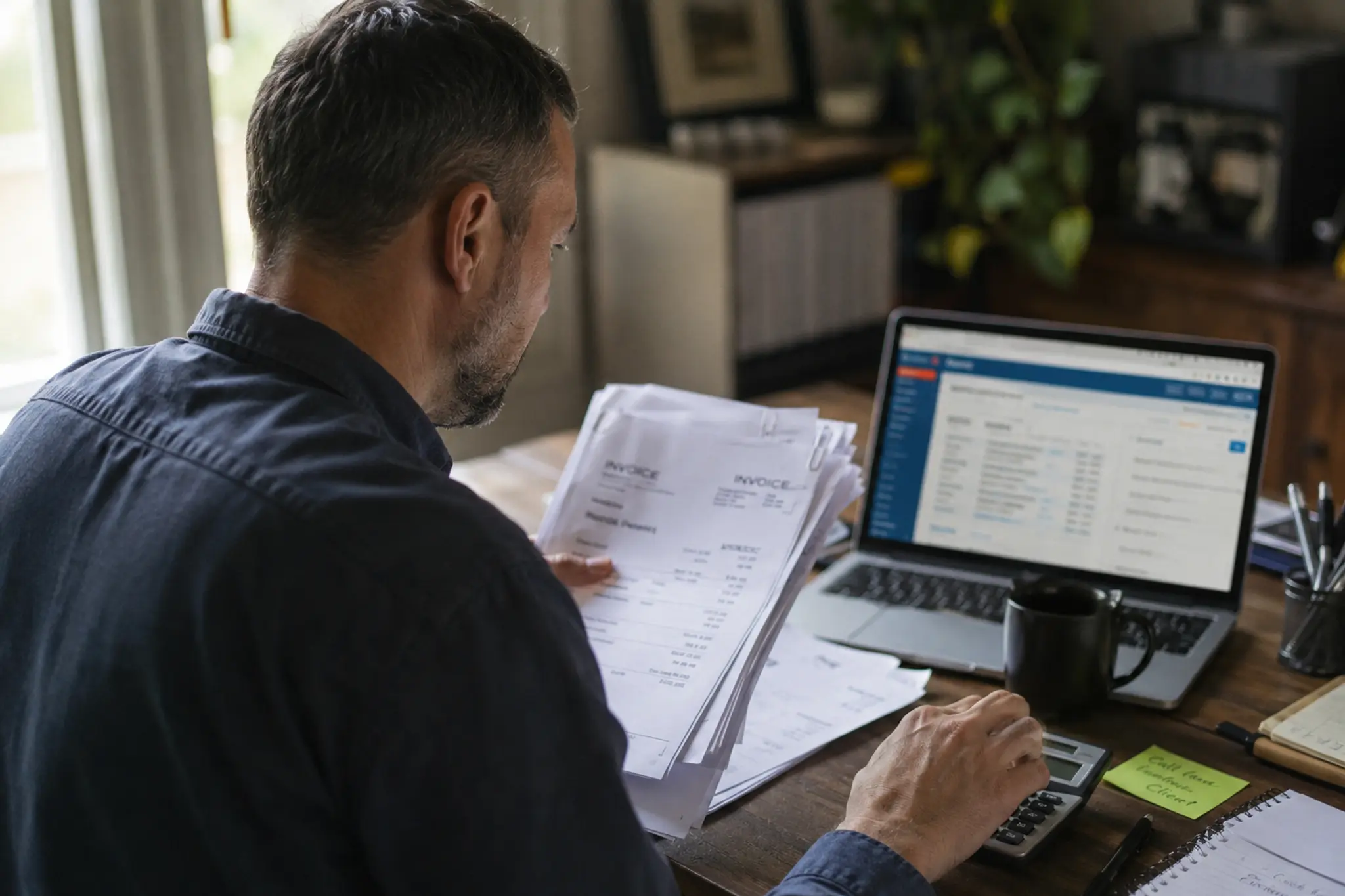 Store owner reviewing rising maintenance invoices — the first signal to migrate an outdated ecommerce store