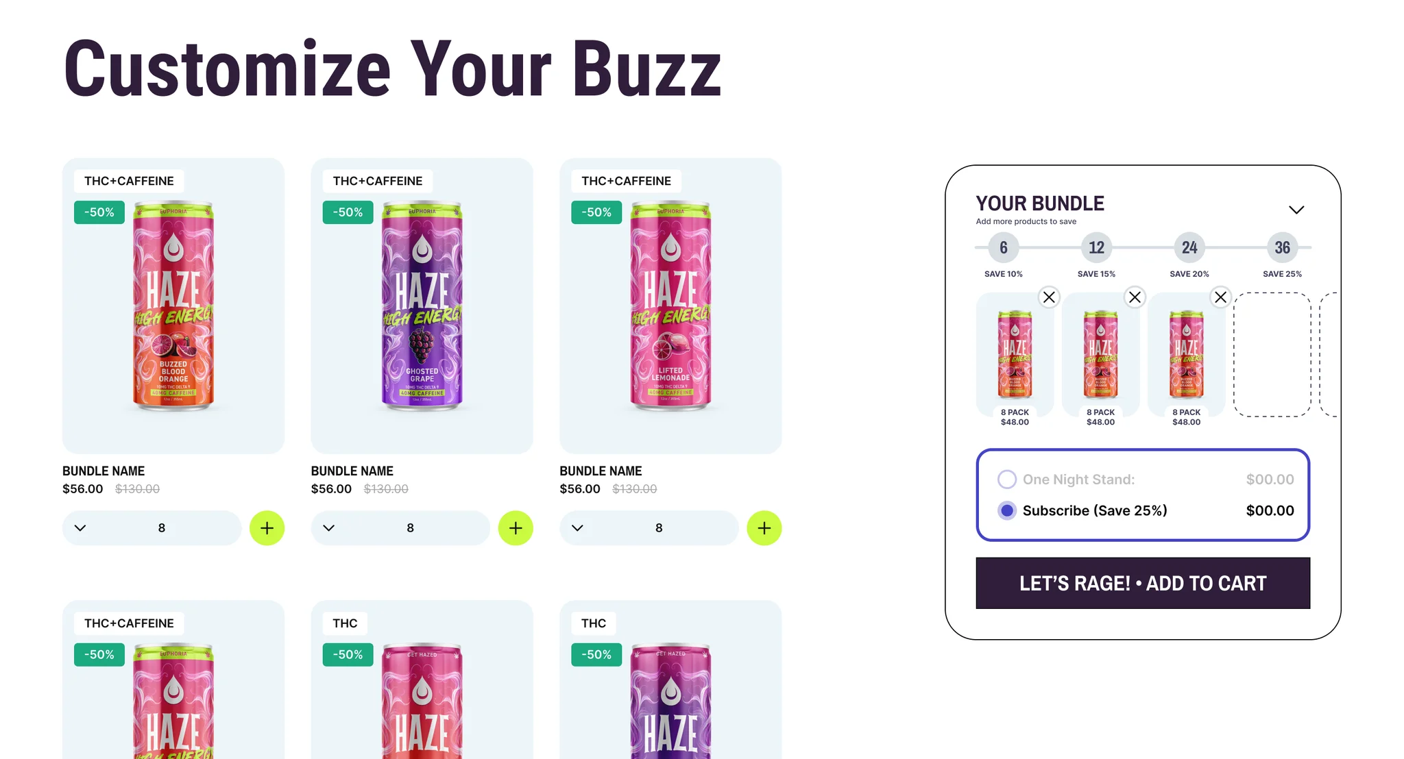 Bundle builder grid of flavour cards with quantity steppers beside a "Your bundle" panel that fills can slots and offers a one-time or subscribe option