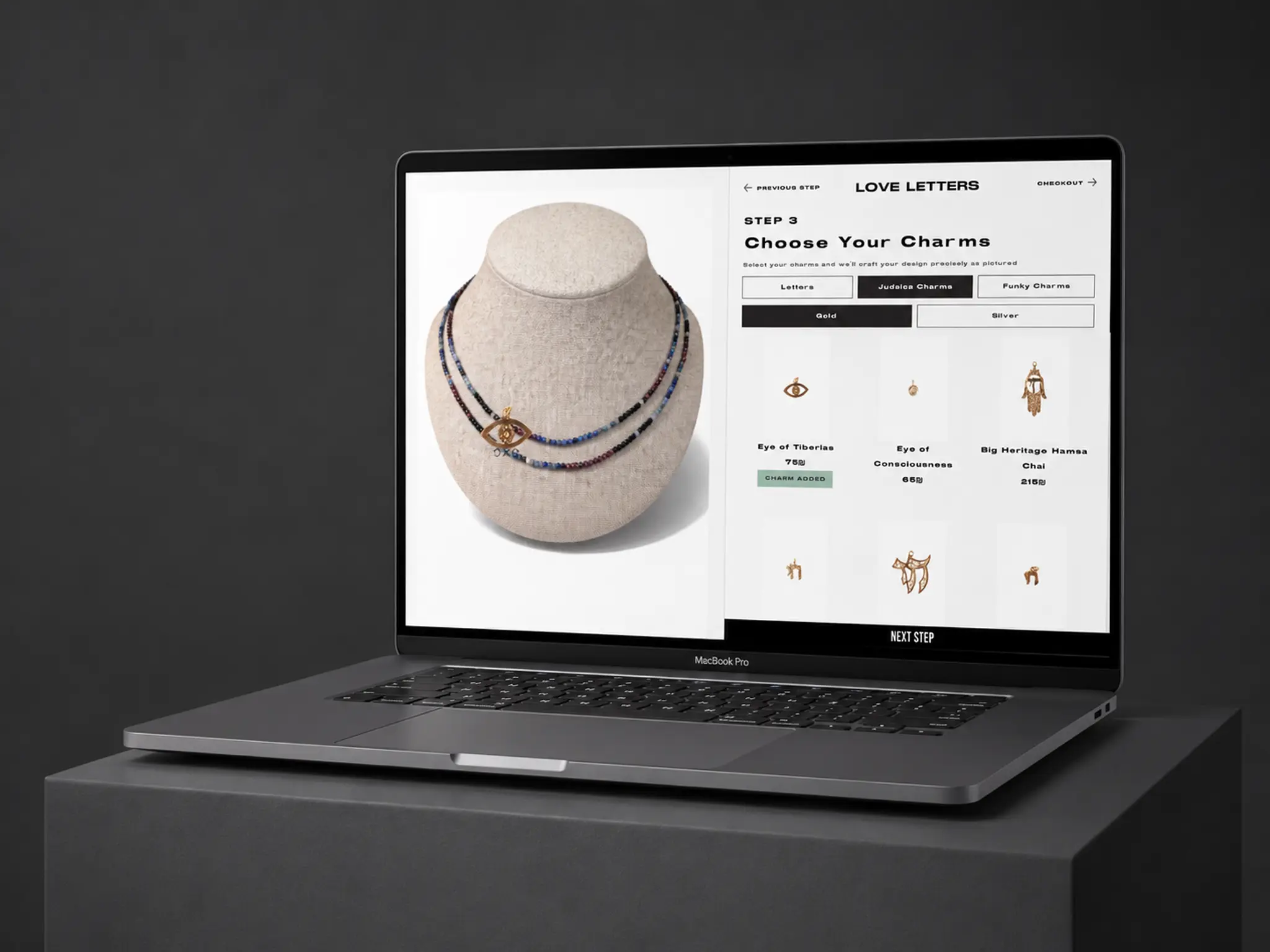 Love Letters custom jewelry builder Shopify storefront shown on a desktop mockup, built by EVDEV