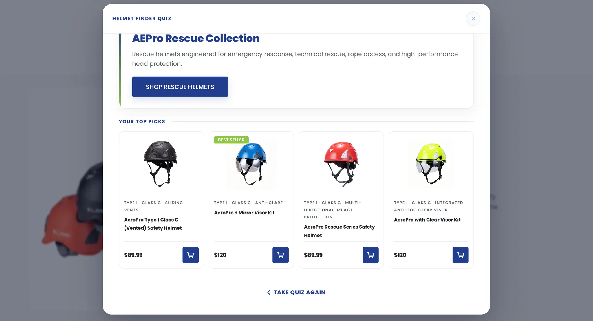 LAND Helmets Helmet Finder quiz results screen showing recommended AeroPro helmets and a rescue collection callout
