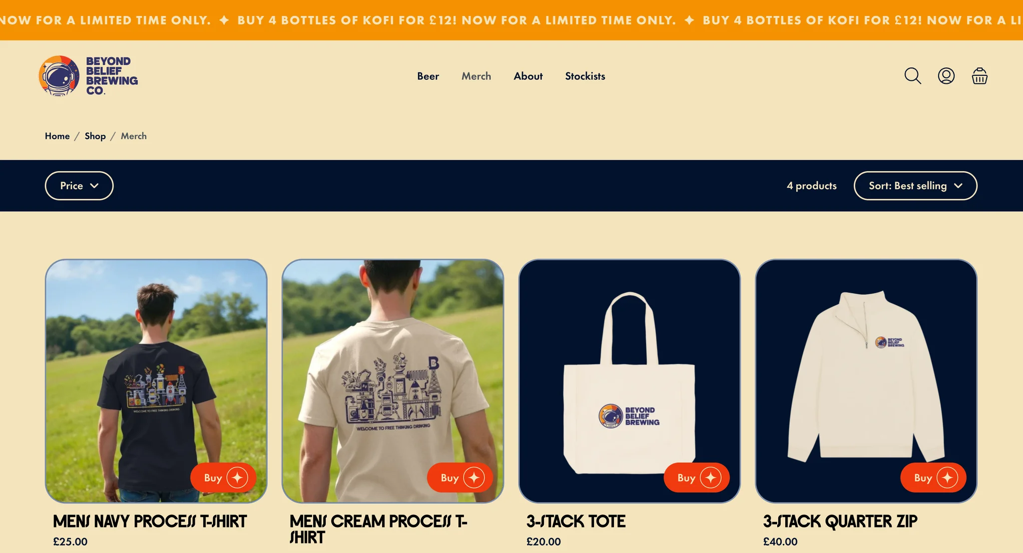 Merch collection with T-shirts, a tote and a quarter zip on navy and photo cards